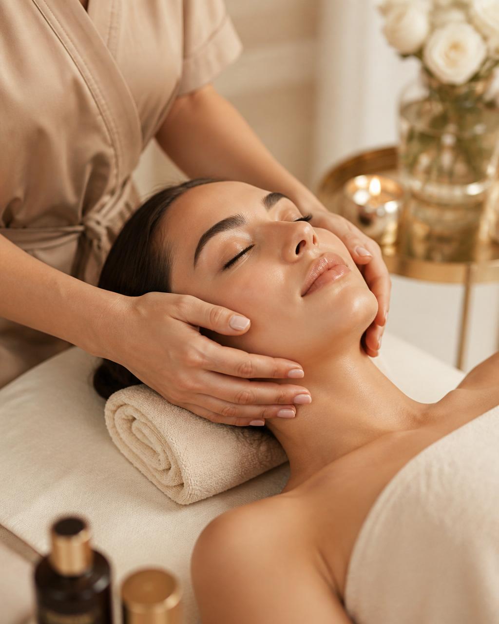 Woman receiving The Emotional Facelift facial release treatment